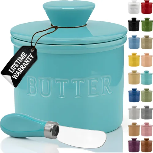 Vista 13 de Priority Chef Recipiente para Mantequilla con Tapa y Línea de Agua, Plato Francés de Cerámica para Mantequilla para Dejar en la Encimera, Gris Claro