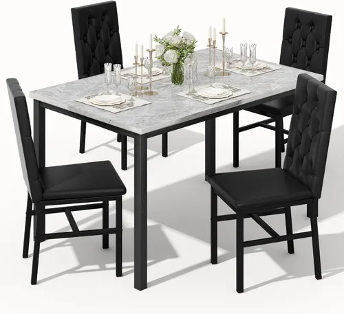 Vista 7 de Juego de mesa de comedor Hooseng para 4, mesa pequeña de cocina de mármol sintético con juego de sillas de 4 con lujosas sillas acolchadas de botón