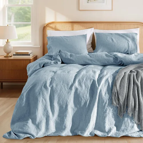 Vista 9 de LBRO2M Juego de funda de edredón 100% de lino francés, tamaño matrimonial, 3 piezas, funda de edredón de lino natural con cierre de cremallera, 2