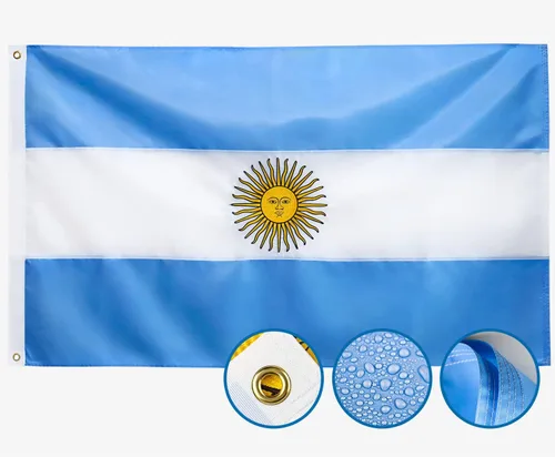 Bandera argentina de doble cara de 3 x 5 para exteriores, bordada, nailon 210D resistente, rayas cosidas, ojales de latón más fuertes, 4 dobladillos
