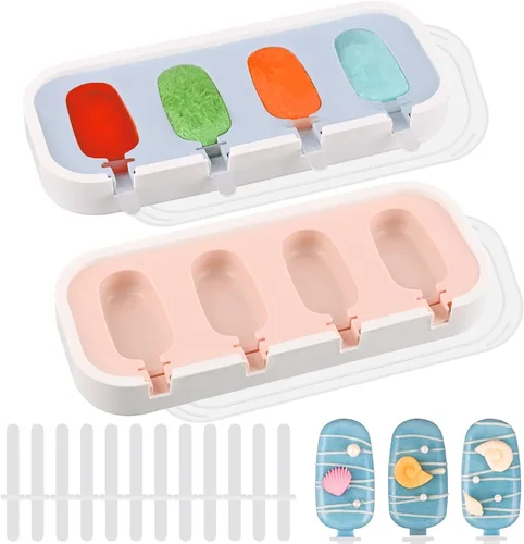 Vista 12 de WMKGG Juego de moldes de silicona para paletas, 2 piezas de moldes para helado con 50 palitos de madera para pastelitos, paletas de hielo, Azul