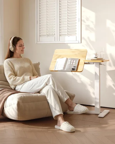 Vista 21 de FLEXISPOT Mesa auxiliar en forma de C de altura ajustable con parte superior inclinable dividida, mesa auxiliar móvil para sofá y mesita de noche