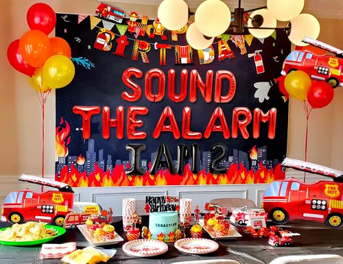 Vista 5 de LaVenty Sound The Alarm I Am 2 Globos Decoración de Camión de Bomberos 2º Cumpleaños Globos Camión de Bomberos Globos de Bomberos Decoración
