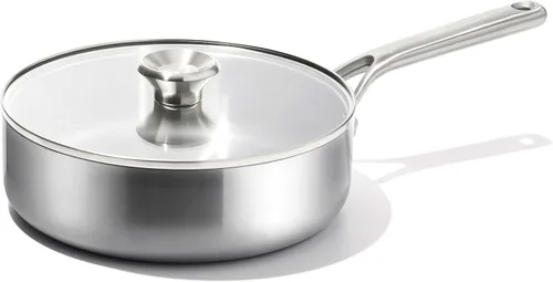 Vista 10 de OXO Mira - Juego de sartenes de chef de acero inoxidable de tres capas, 1.5 cuartos de galón y 3.57 cuartos de galón con tapas, sin PFAS