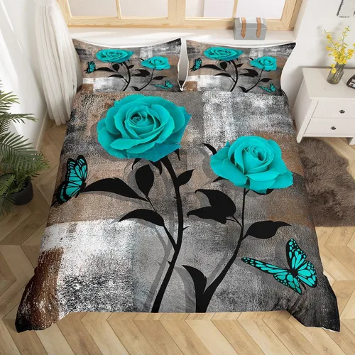 Vista 22 de Erosebridal Funda de edredón de rosa rústica para niños, adolescentes y jóvenes, funda de edredón retro teñida con lazo, juego de ropa de cama