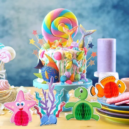 Vista 7 de WILLBOND Centro de mesa de panal bajo el mar, 12 piezas con temática del océano, decoración de mesa de fiesta con animales del océano, criatura