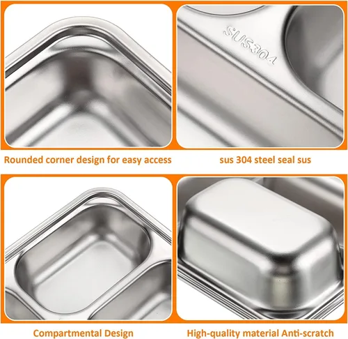 Vista 3 de Juego de bandejas divididas de acero inoxidable (paquete de 10), grado alimenticio, sin BPA, rectangular, 11.0 x 8.7 in/11 x 8.7 pulgadas