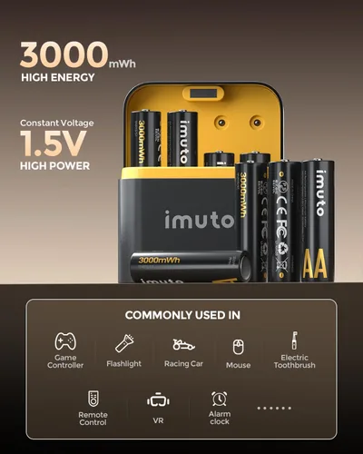 Vista 3 de imuto Rechargeable aa Batteries with Charger, 3000mWh aa Lithium Batteries 8 Pack, 8 Slot Storage Box Style Lithium aa Battery Charger, 1.5V 2A