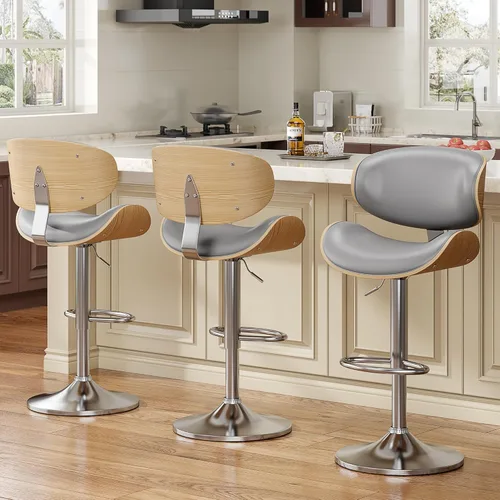 Vista 29 de YaFiti - Taburetes giratorios de bar para mostrador de cocina, taburetes de bar ajustables de madera curvada, taburete de bar tapizado en cuero