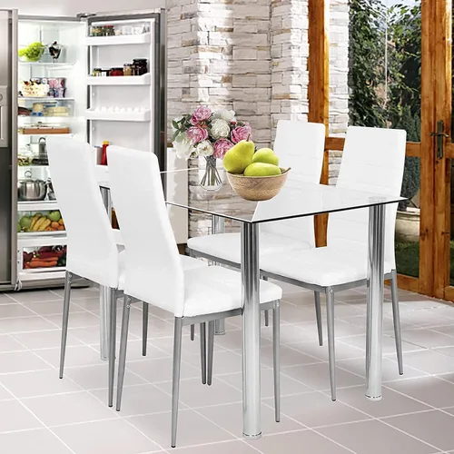 Vista 10 de HomVent Juego de mesa de comedor para 4, pequeño comedor de vidrio templado, mesa de cocina y sillas para espacios pequeños, transparente, blanco