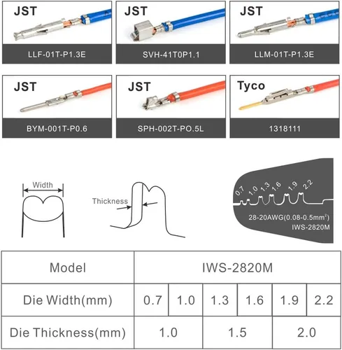Vista 5 de Herramientas de crimpado iCrimp Mini Micro de barril abierto funcionan en AWG28-20 JAM, Molex, Tyco, terminales y conectores JST utilizados
