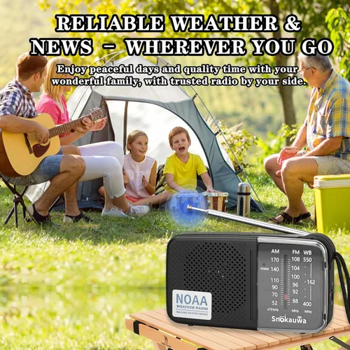 Vista 6 de Radio portátil con transistor AM FM funciona con pilas, radio meteorológica NOAA con altavoz, conector para auriculares, 2 pilas AA, excelente