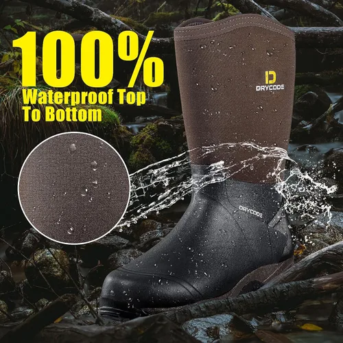 Vista 2 de DRYCODE Rubber Boots for Men, 5.5mm Neoprene Mid Calf Rain Boots, Durable Waterproof Hunting Boots(Brown & Camo, Size 6-14)