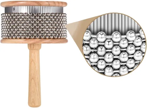 Vista 5 de Heysland Cabasa de madera instrumento musical de percusión de metal con cuentas de cadena y cilindro Pop Hand Shaker para banda educación musical