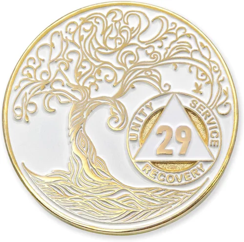 Vista 214 de 1 año Sobriety Mint Twisted Tree of Life Medallón de recuperación AA chapado en oro, chip/ficha - negro