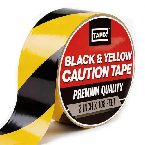 Tapix Rollo de cinta negra y amarilla de 2 pulgadas x 108 pies – Cinta de seguridad a rayas para suelo – Cinta de peligro impermeable altamente