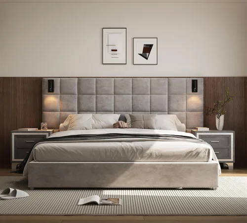 Vista 11 de base de cama de plataforma tamaño queen con 1 mesita de noche de conjunto 1+1, elegante cama tapizada de terciopelo con cabecero acolchado