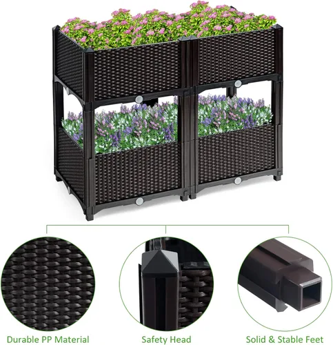 Vista 7 de HAPPYGRILL Juego de 4 jardineras elevadas con agujeros de drenaje y patas extraíbles, para exteriores, para patio, balcón