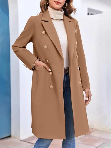 Vista 4 de BZB Chaqueta elegante de mezcla de lana larga con cuello con muescas y doble botón para mujer