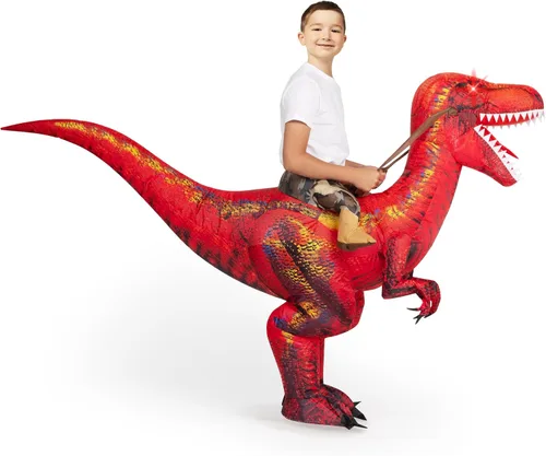 Vista 3 de Spooktacular Creations Disfraz inflable de dinosaurio para niños, ojos con luz LED, impresión digital, disfraz inflable de T-rex