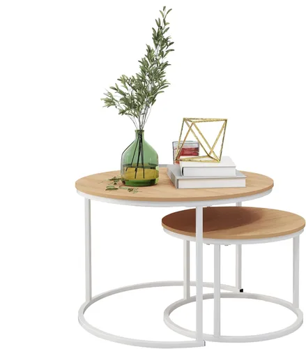 Vista 15 de HOJINLINERO Juego de Mesa de Centro Redonda de 2 Mesas Auxiliares para Sala de Estar, Mesa de Centro Blanca Moderna Mesas Anidadas, Mesas de Sala