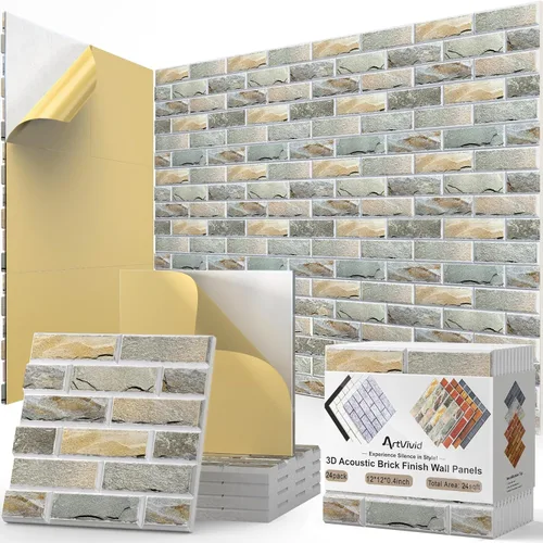 Vista 10 de Paquete de 12 paneles acústicos, paneles autoadhesivos con patrón de ladrillo 3D a prueba de sonido para paredes, paneles decorativos de pared