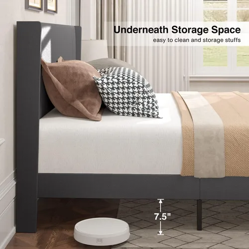 Vista 5 de Gizoon Base de cama matrimonial con cabecera de ala, plataforma tapizada con cabecera geométrica moderna, listones de madera, sin ruido, no necesita