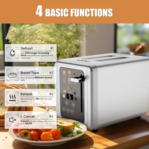 Vista 3 de WUNLY Tostadora de 2 rebanadas, pantalla táctil y doble panel de control independiente, 5 funciones básicas y tostadoras digitales de cuenta