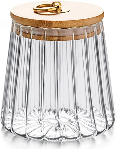 Vista 11 de FANTESTICRYAN Tarro de almacenamiento hermético de café de vidrio con nueces, recipiente decorativo de pétalos con tapa de bambú y asa de metal