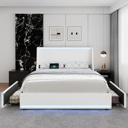 Vista 48 de VECELO Full Size Bed Frame with Storage Drawers, Upholstered Platform Bedframe with Wingback Headboard, No Box Spring Needed, Light Grey