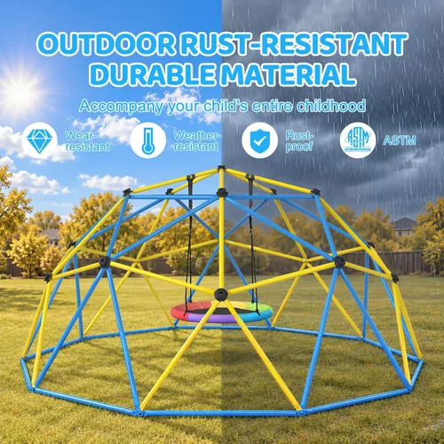 Vista 5 de Climbing Dome with Rainbow Saucer Swing, 10FT Indoor Jungle Gym for Kids