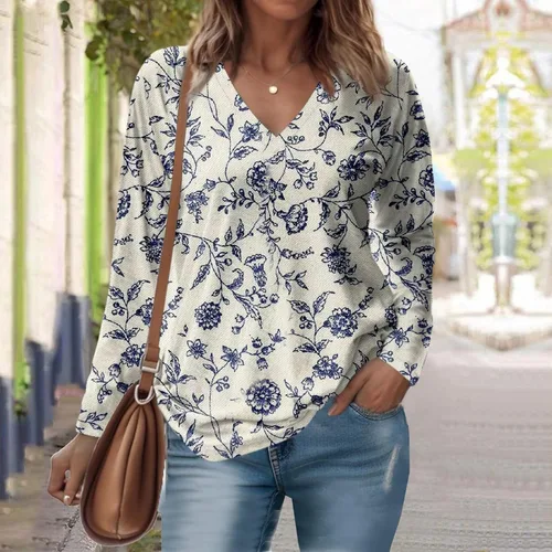 Vista 2 de Blusa de moda para mujer para llevar con leggings, blusas con estampado floral, blusa de manga larga, cuello en V, camisas de otoño
