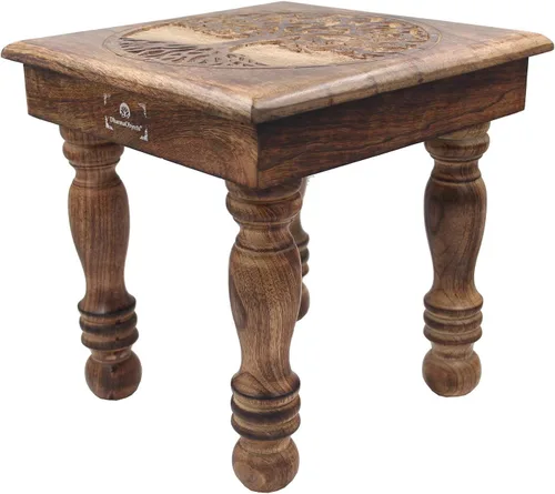 Vista 11 de DharmaObjects Mesa de meditación de altar del santuario de Puja tallada a mano de madera maciza de mango (flor de vida)