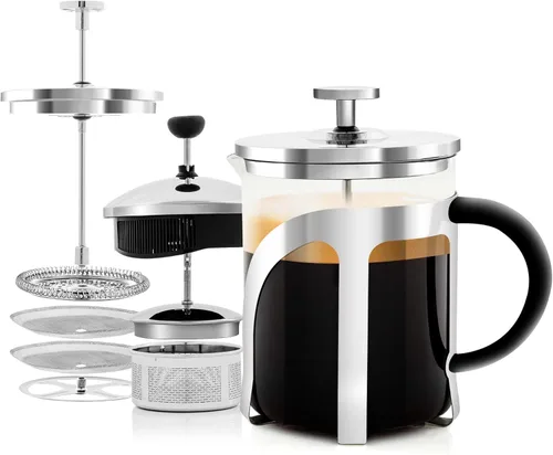 OVENTE Cafetera de prensa francesa, vidrio de borosilicato resistente al calor, olla de infusión sin BPA con sistema de filtro de 4 niveles y émbolo