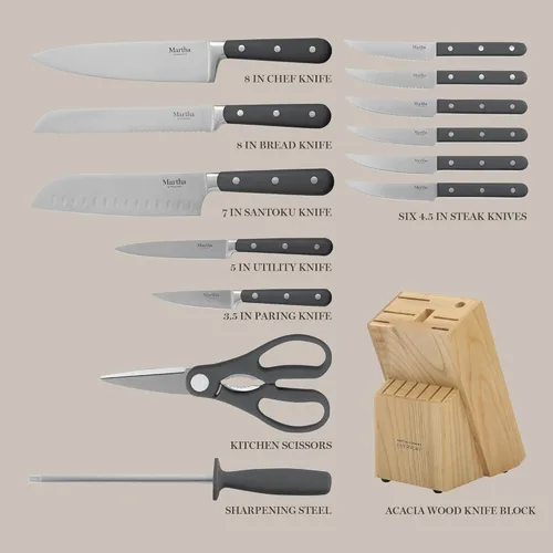 Vista 3 de Martha Stewart Eastwalk Juego de 14 cuchillos de acero inoxidable de alto carbono con mango forjado remachado triple de ABS, bloque de madera de Gris
