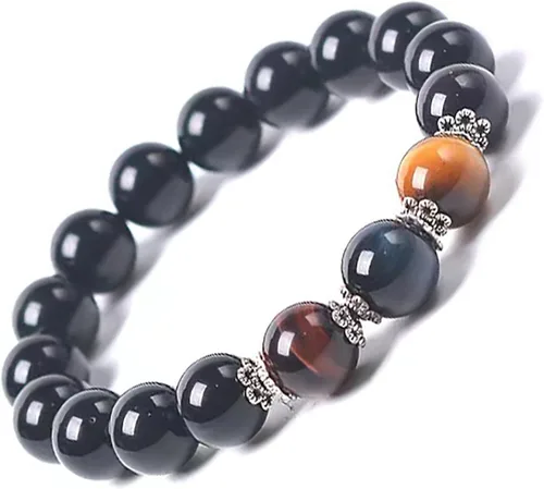 Pulsera de triple protección de ojo de tigre de obsidiana negra, protección, trae suerte y prosperidad, alivia la ansiedad, obsidiana negra, ojo de