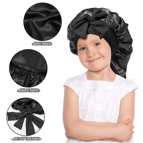 Vista 3 de AWAYTR Gorro largo de seda para dormir, gorro elástico de satén para cabello rizado, gorro de noche para niños de 3 a 12 años (negro)