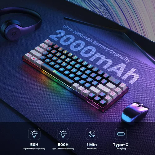Vista 3 de Teclado inalámbrico 65% para juegos, teclado retroiluminado recargable, 68 teclas, ultra compacto, anti-fantasma, sin conflictos, teclado