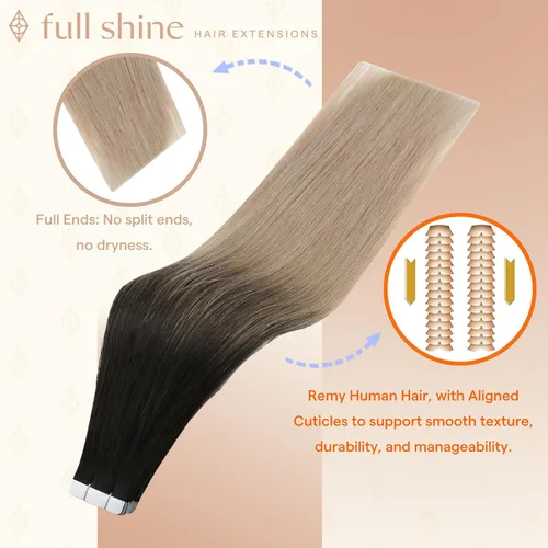 Vista 55 de Full Shine - Extensiones de cabello humano con cinta, mezcla de rubio hongo # 8 castaño ceniza resaltado 60 rubio ceniza