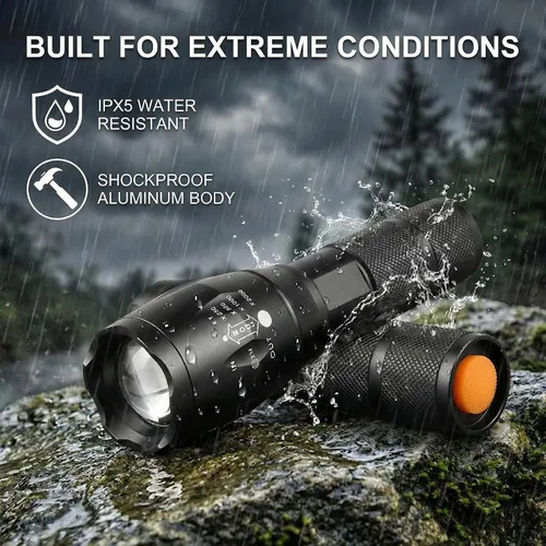 Vista 5 de Linterna LED superbrillante, linterna con zoom de alto lúmenes con 5 modos, resistente al agua, compacta y potente para campamento, emergencia