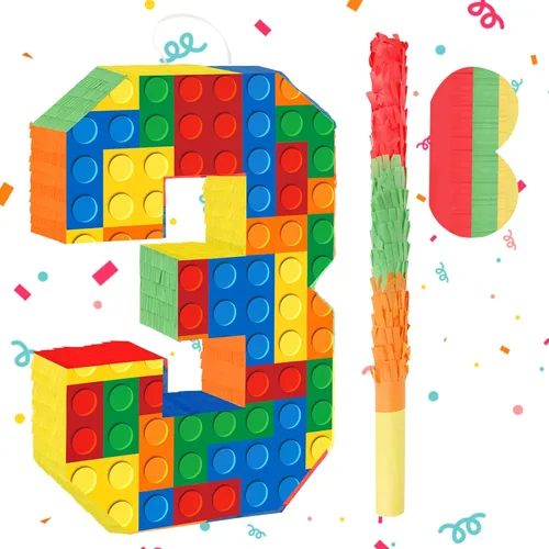 Decoraciones de fiesta de cumpleaños de bloques de construcción para el tercer cumpleaños Número 3 Piñata con palo de piñata y venda para los ojos