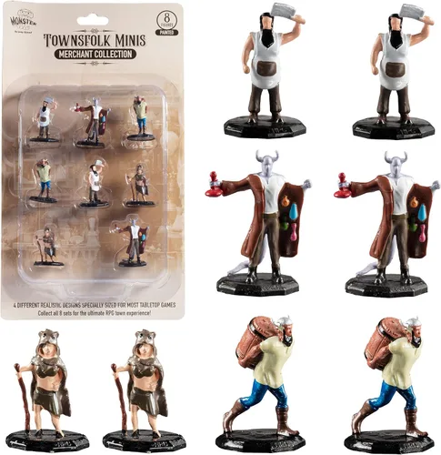 Monster Townsfolk Mini Figuras de fantasía – Merchants – 8 piezas pintadas a mano de personajes no jugadores en miniatura NPC – 1 pulgada de tamaño