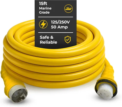 Vista 7 de Cables marinos y RV de 125/250 V, 50 amperios x 25 pies, cable de extensión NEMA resistente con 2 terminales en forma de L con extremos moldeados