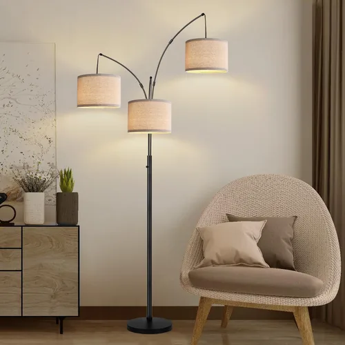 Vista 9 de Lámpara de pie regulable: 3 luces de arco para sala de estar, lámpara de pie alta moderna de 1000 lm con pantallas blancas y base pesada, lámpara