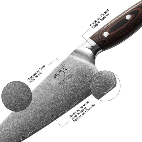 Vista 2 de Damascus Chef Knife, 8 Inch Professional Damascus Kitchen Knife Forged with VG10 Super Steel 67-Layer, Non-slip Ergonomic Micarta Handle, Razor