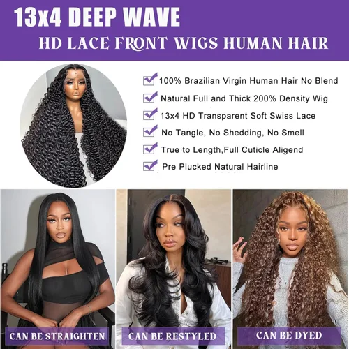 Vista 5 de Pelucas de cabello humano ondulado profundo con encaje frontal HD de 13 x 4 pulgadas, peluca de cabello humano rizado de densidad 200 para mujer