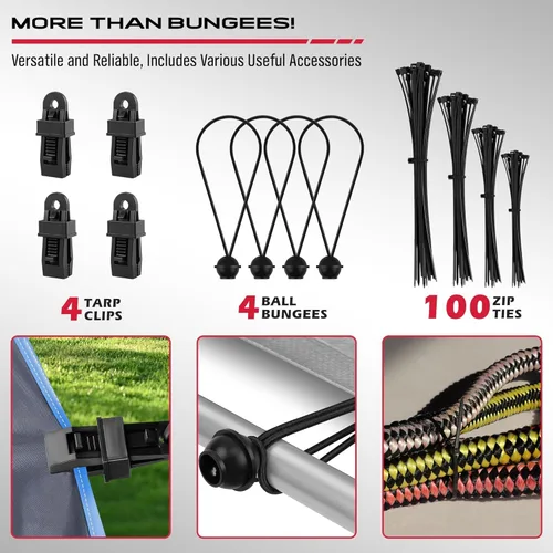 Vista 4 de Cuerdas elásticas resistentes con ganchos, 129 piezas, 18, 20, 32, 40 pulgadas, cuerda elástica de goma para exteriores, 4 clips de lona para toldo