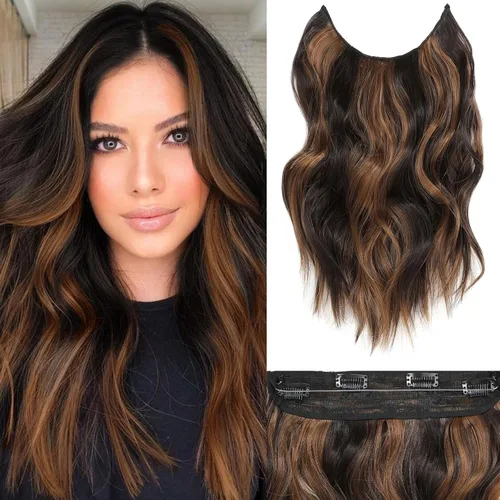 Vista 45 de Extensiones de cabello tipo halo de 20 pulgadas, extensiones de cabello con alambre invisible ajustable, largo, ondulado, sintético, mejorado, 4