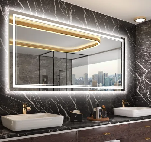 Vista 55 de Espejo de baño LED de 48 x 40 pulgadas con luces, retroiluminado y frontal iluminado para pared, espejo de tocador LED inastillable con memoria