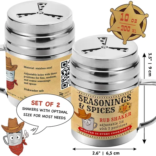 Vista 4 de CUSINIUM [Paquete de 2] Cocteleras de especias de condimentos de 10 onzas, coctelera seca para barbacoa, draga de cocina con tapa ajustable
